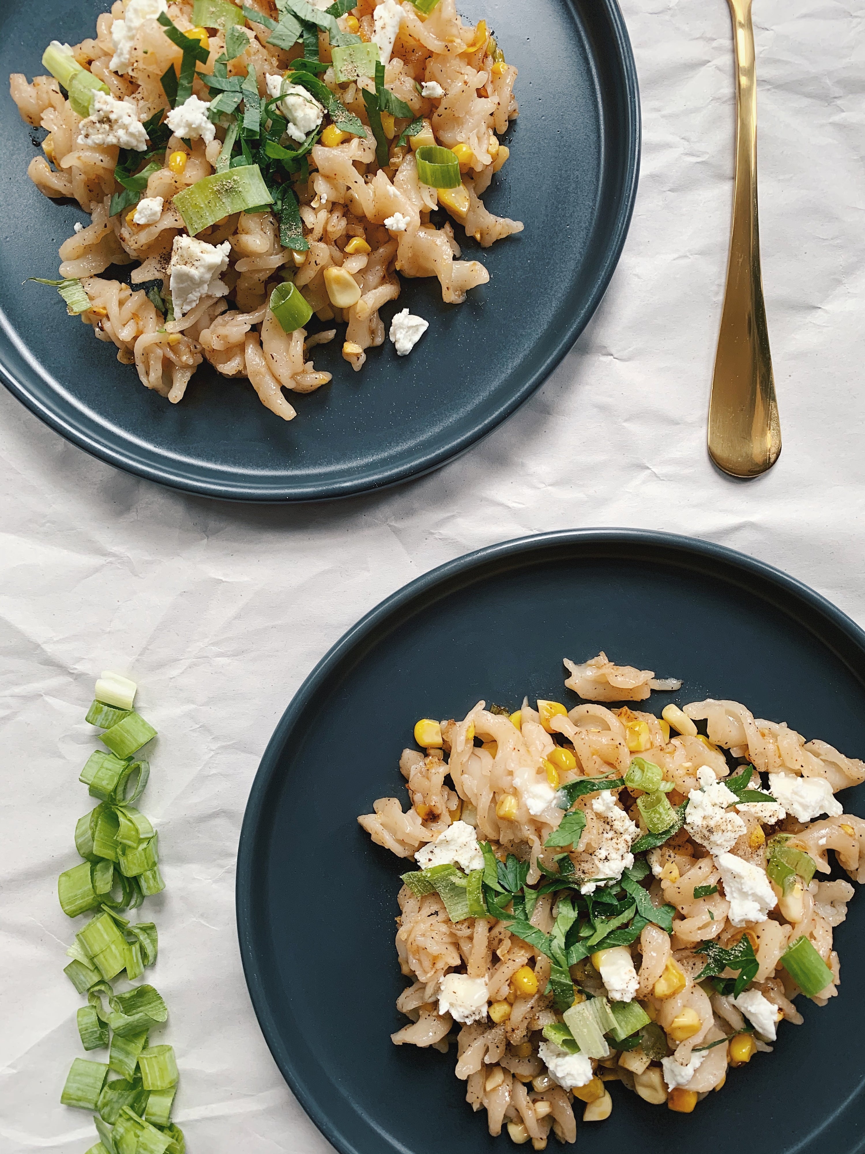 Fusilli with Buttery Corn, Scallions, & Goat Cheese